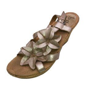 Boc Womens Sz 9 Platinum Leather Flower Espadrille Wedge Heels Open Toe Sandals